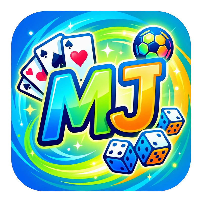 MJ 品牌图标:彩色 MJ 字母、纸牌、足球与骰子